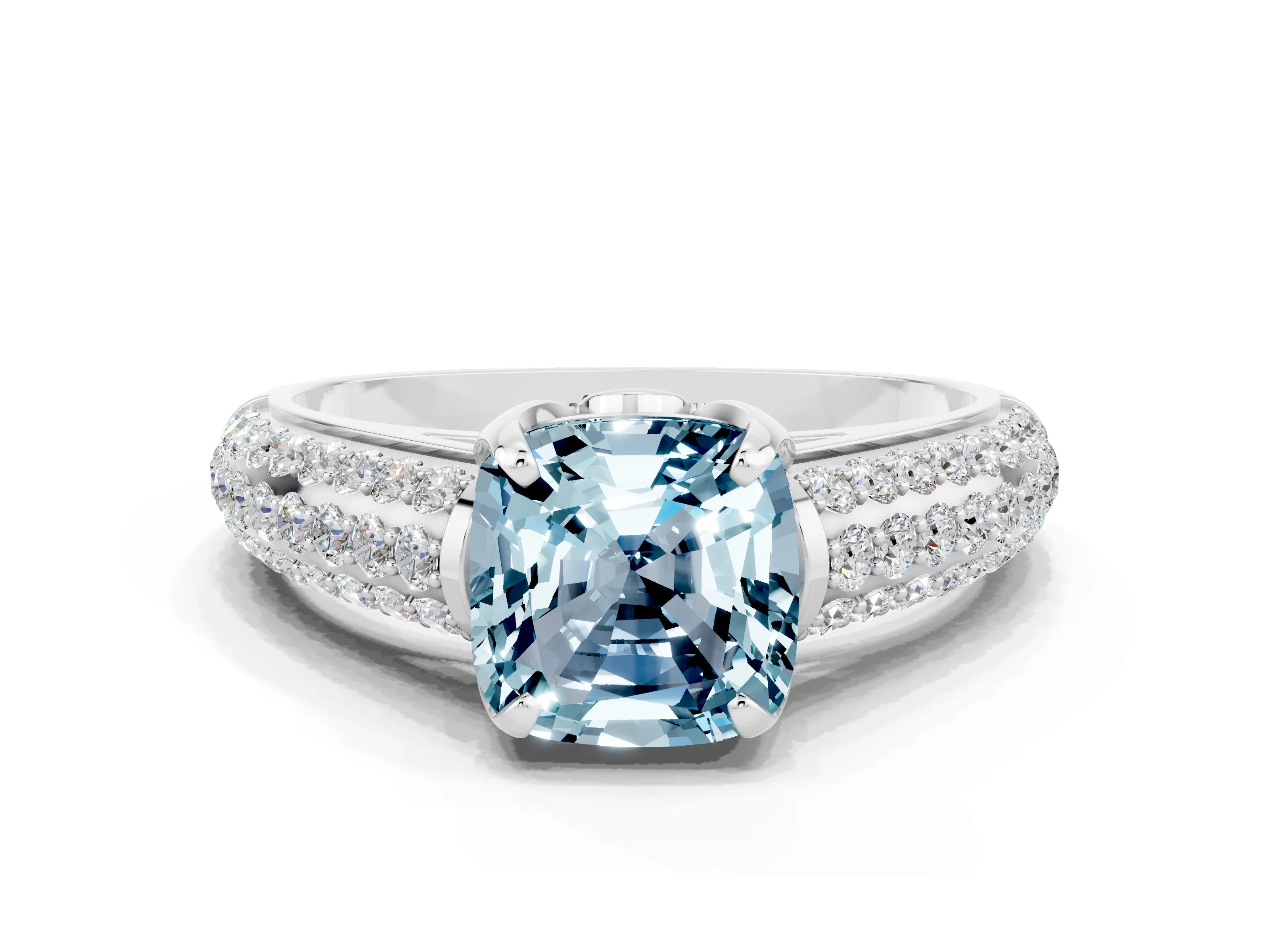 White gold Cushion Cut Aquamarine Solitaire Ring with Three-Row Pavé Band and Four-Prong Setting_12