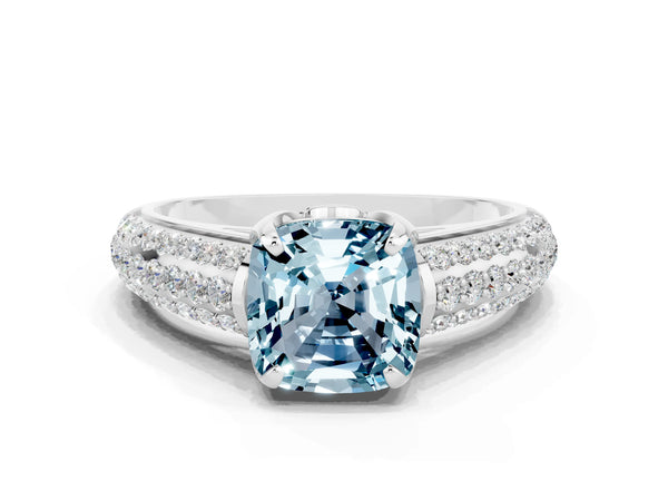 Platinum Cushion Cut Aquamarine Solitaire Ring with Three-Row Pavé Band and Four-Prong Setting