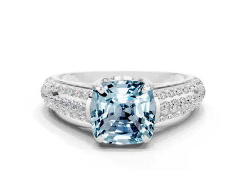 White gold Cushion Cut Aquamarine Solitaire Ring with Three-Row Pavé Band and Four-Prong Setting_12