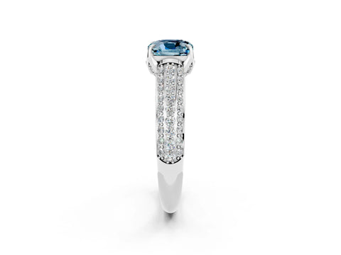 White gold Cushion Cut Aquamarine Solitaire Ring with Three-Row Pavé Band and Four-Prong Setting_14