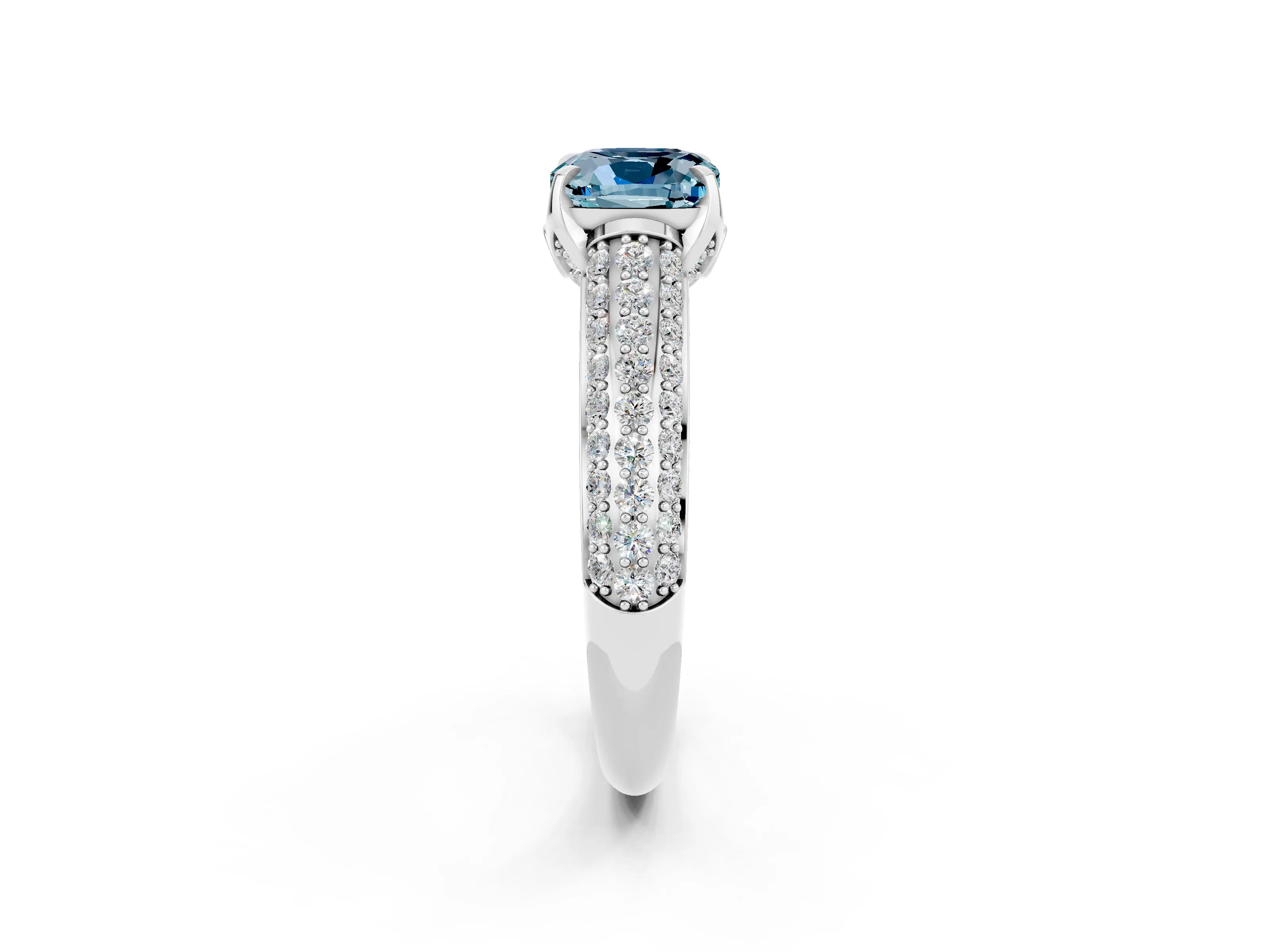 White gold Cushion Cut Aquamarine Solitaire Ring with Three-Row Pavé Band and Four-Prong Setting_14
