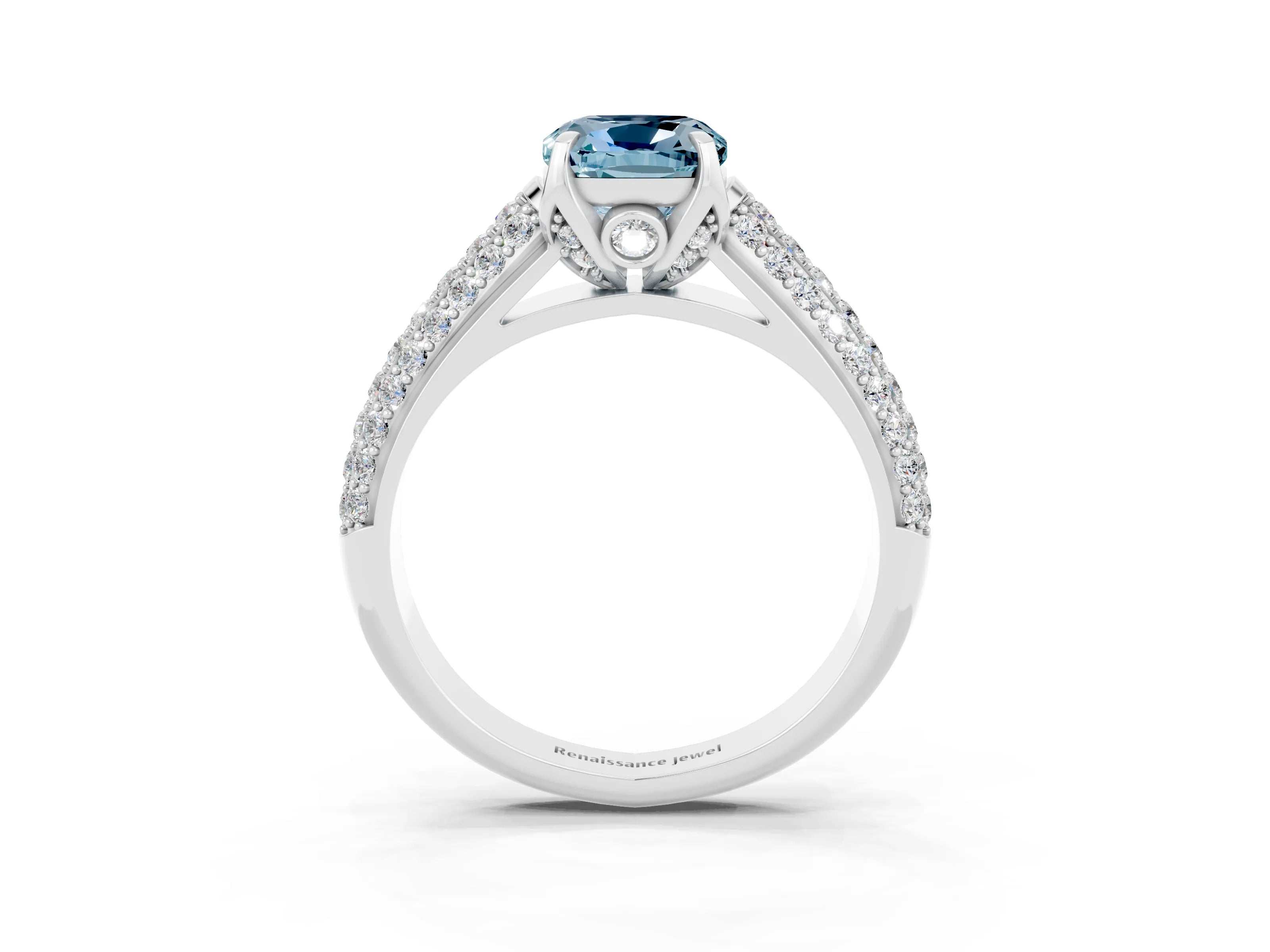 White gold Cushion Cut Aquamarine Solitaire Ring with Three-Row Pavé Band and Four-Prong Setting_15