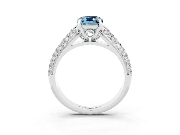 White gold Cushion Cut Aquamarine Solitaire Ring with Three-Row Pavé Band and Four-Prong Setting