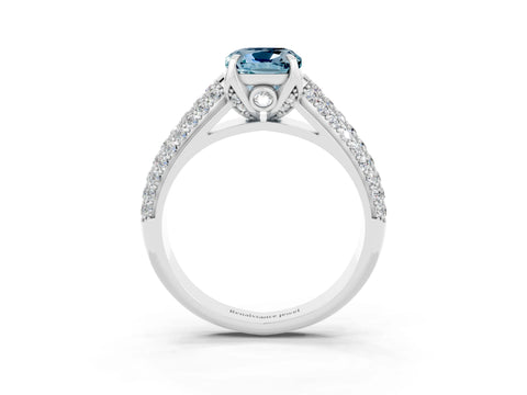 White gold Cushion Cut Aquamarine Solitaire Ring with Three-Row Pavé Band and Four-Prong Setting_15