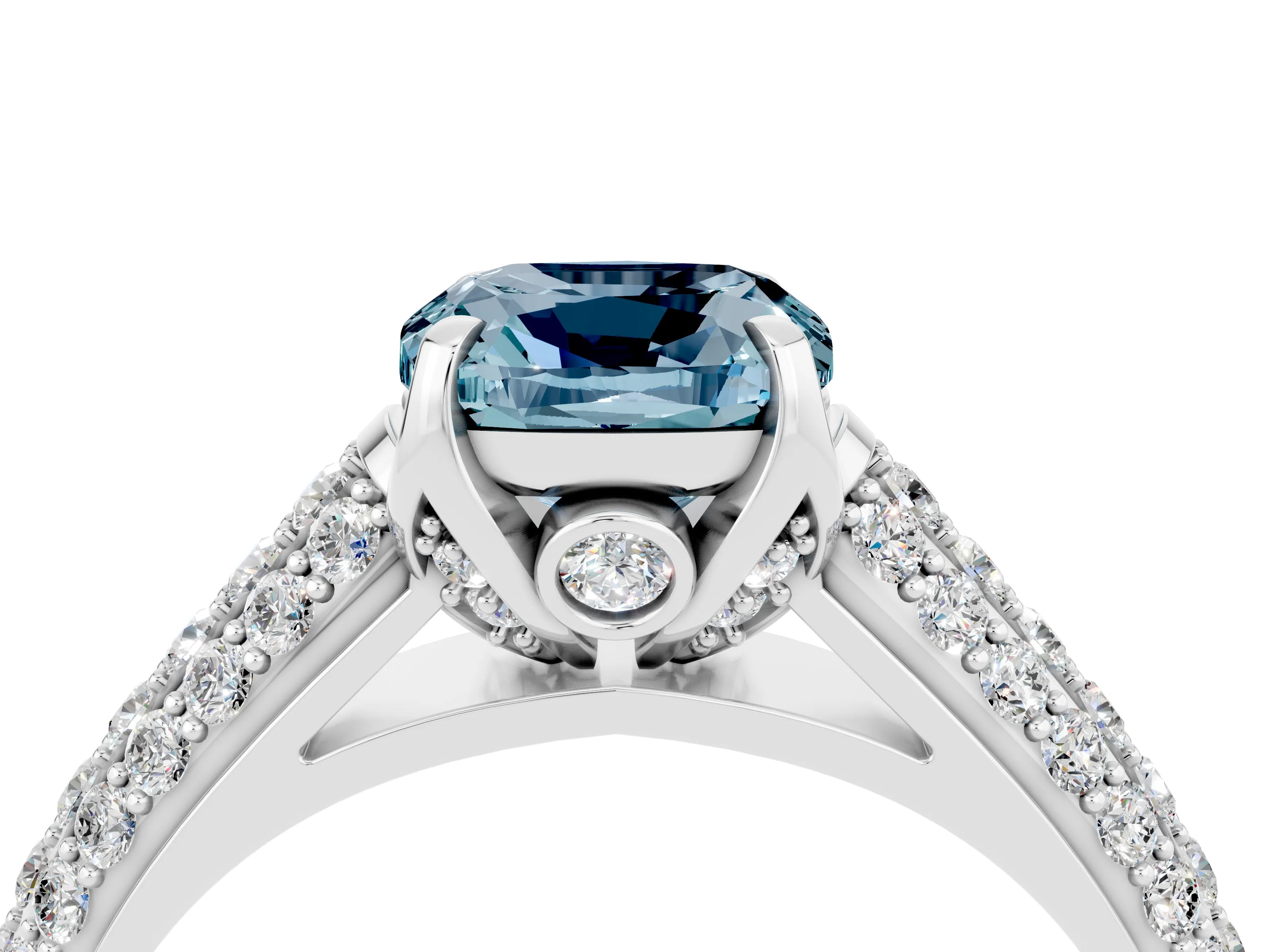 White gold Cushion Cut Aquamarine Solitaire Ring with Three-Row Pavé Band and Four-Prong Setting_16