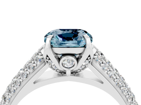 White gold Cushion Cut Aquamarine Solitaire Ring with Three-Row Pavé Band and Four-Prong Setting_16