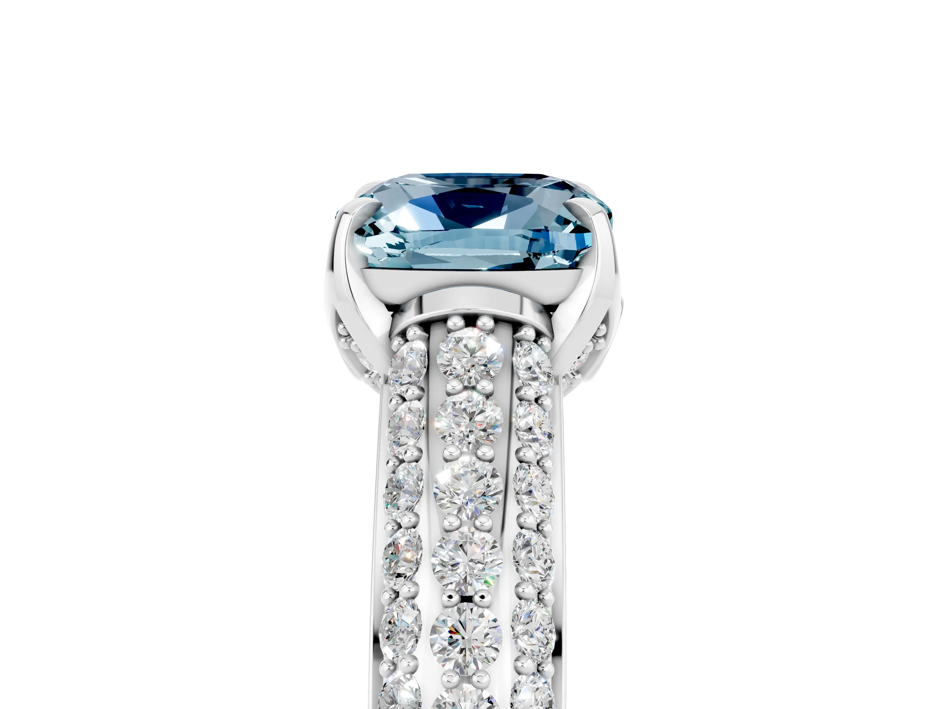 White gold Cushion Cut Aquamarine Solitaire Ring with Three-Row Pavé Band and Four-Prong Setting_17