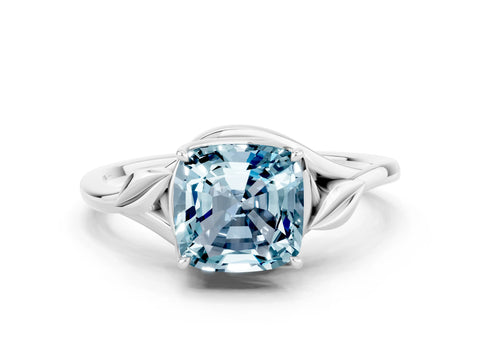 White gold Cushion Cut Aquamarine Solitaire Ring with Twist Band and Four-Prong Setting_12