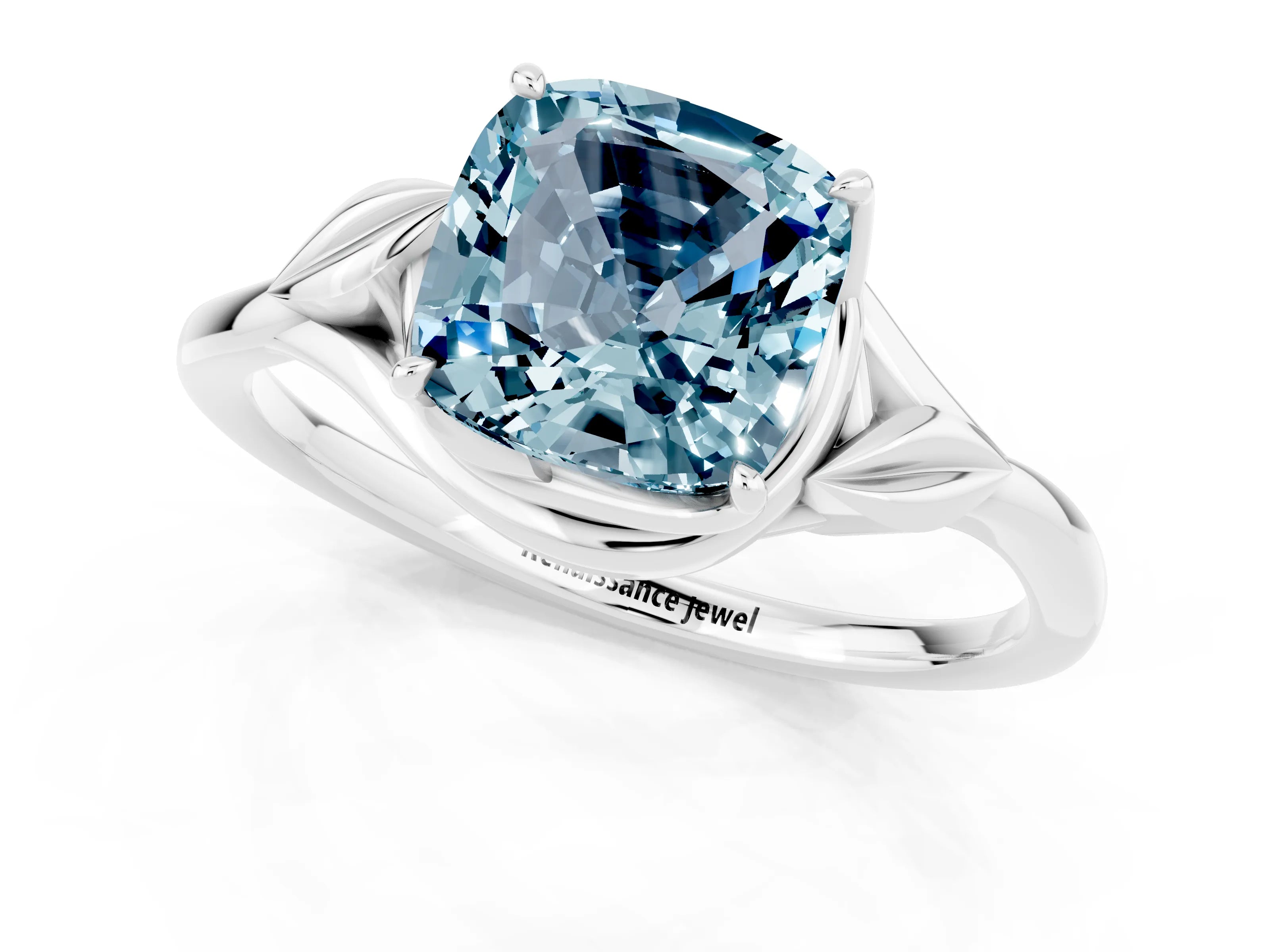 White gold Cushion Cut Aquamarine Solitaire Ring with Twist Band and Four-Prong Setting_13