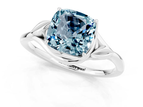 White gold Cushion Cut Aquamarine Solitaire Ring with Twist Band and Four-Prong Setting_13