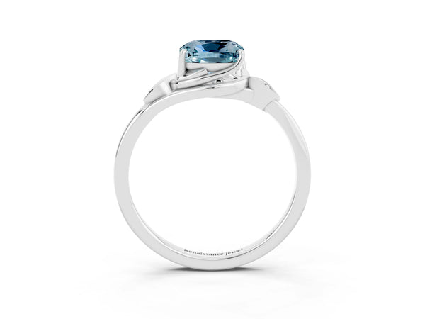 Silver Cushion Cut Aquamarine Solitaire Ring with Twist Band and Four-Prong Setting
