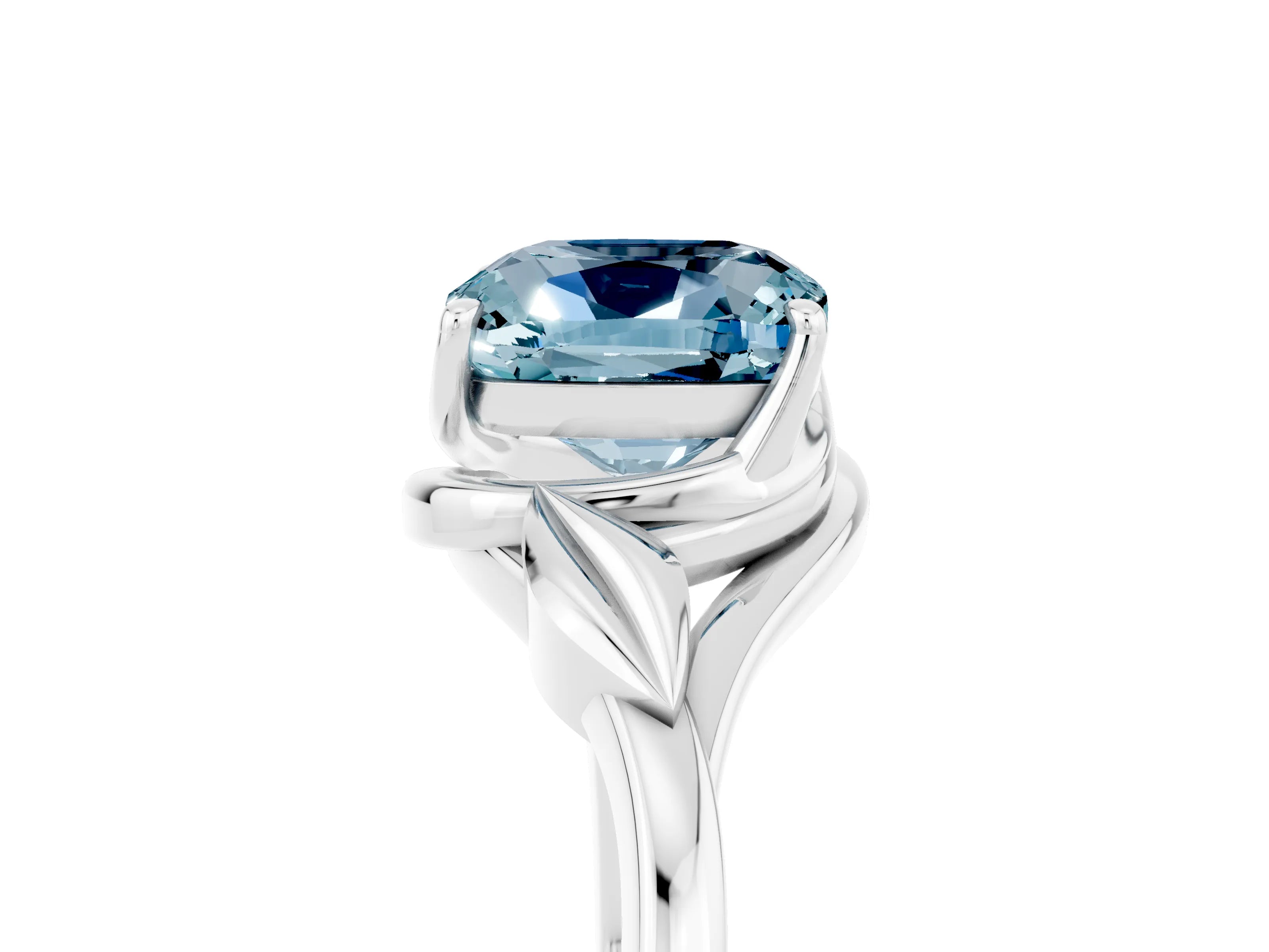 White gold Cushion Cut Aquamarine Solitaire Ring with Twist Band and Four-Prong Setting_17
