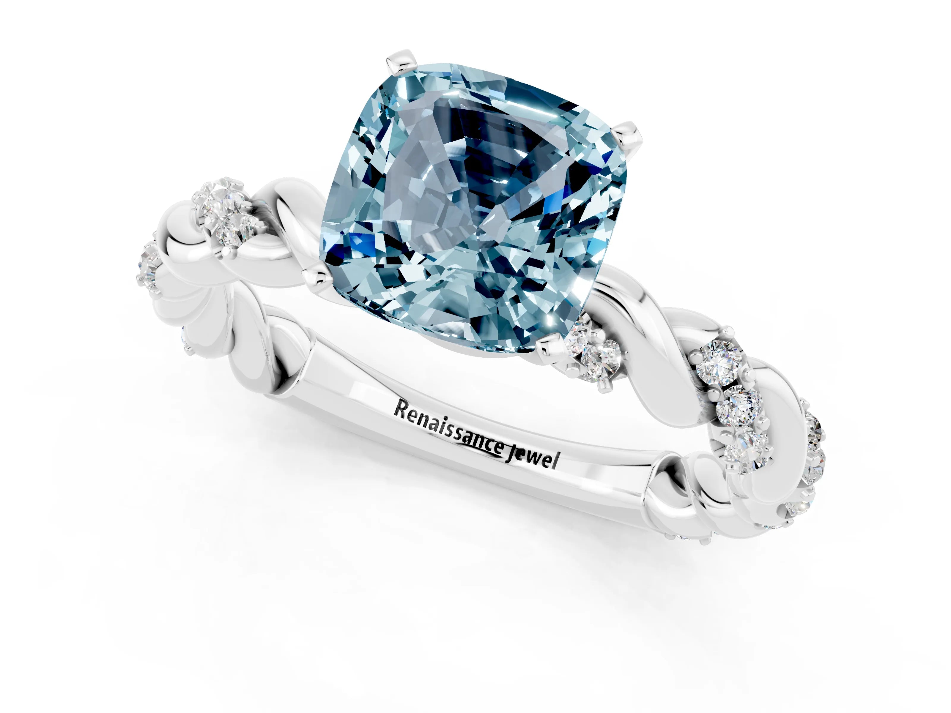 White gold Cushion Cut Aquamarine Solitaire Ring with Twisted Band and Pavé Accents_1