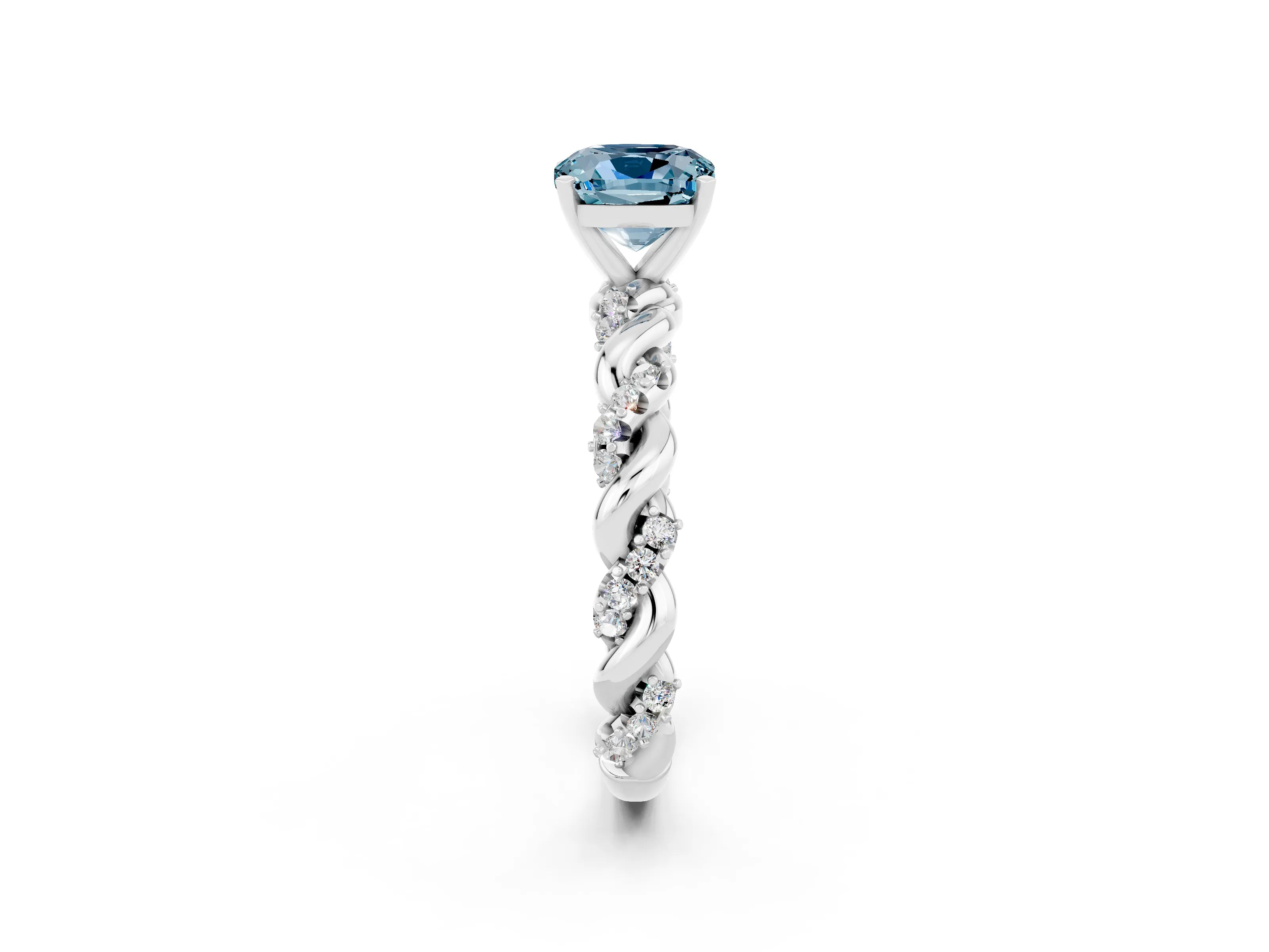 White gold Cushion Cut Aquamarine Solitaire Ring with Twisted Band and Pavé Accents_2
