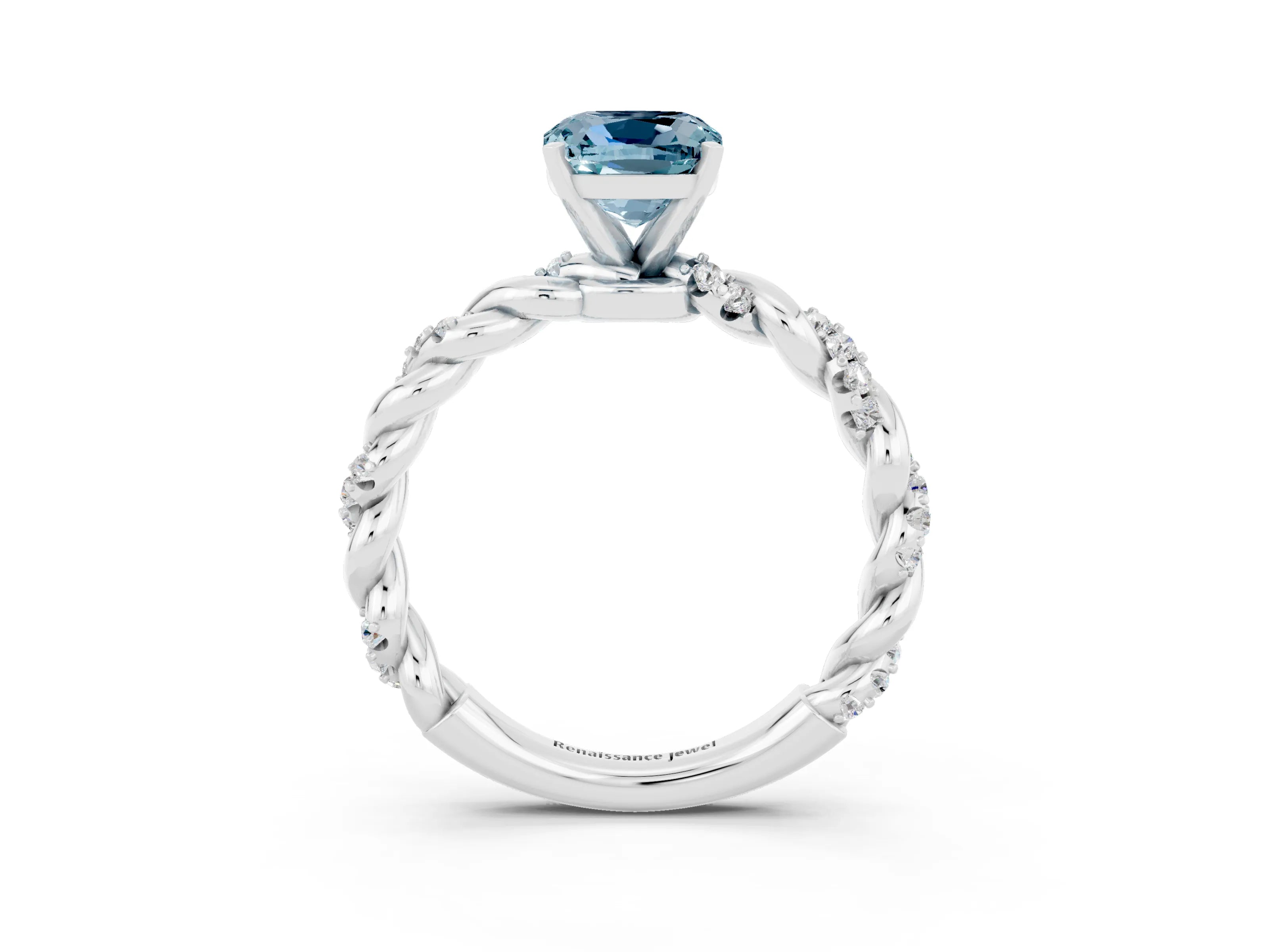 White gold Cushion Cut Aquamarine Solitaire Ring with Twisted Band and Pavé Accents_3