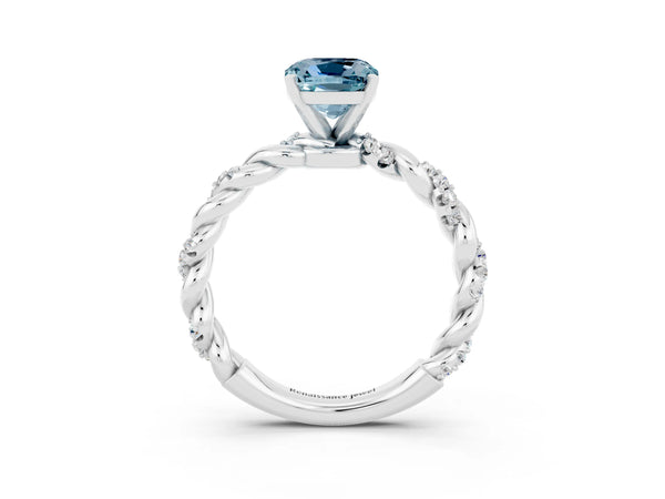 White gold Cushion Cut Aquamarine Solitaire Ring with Twisted Band and Pavé Accents