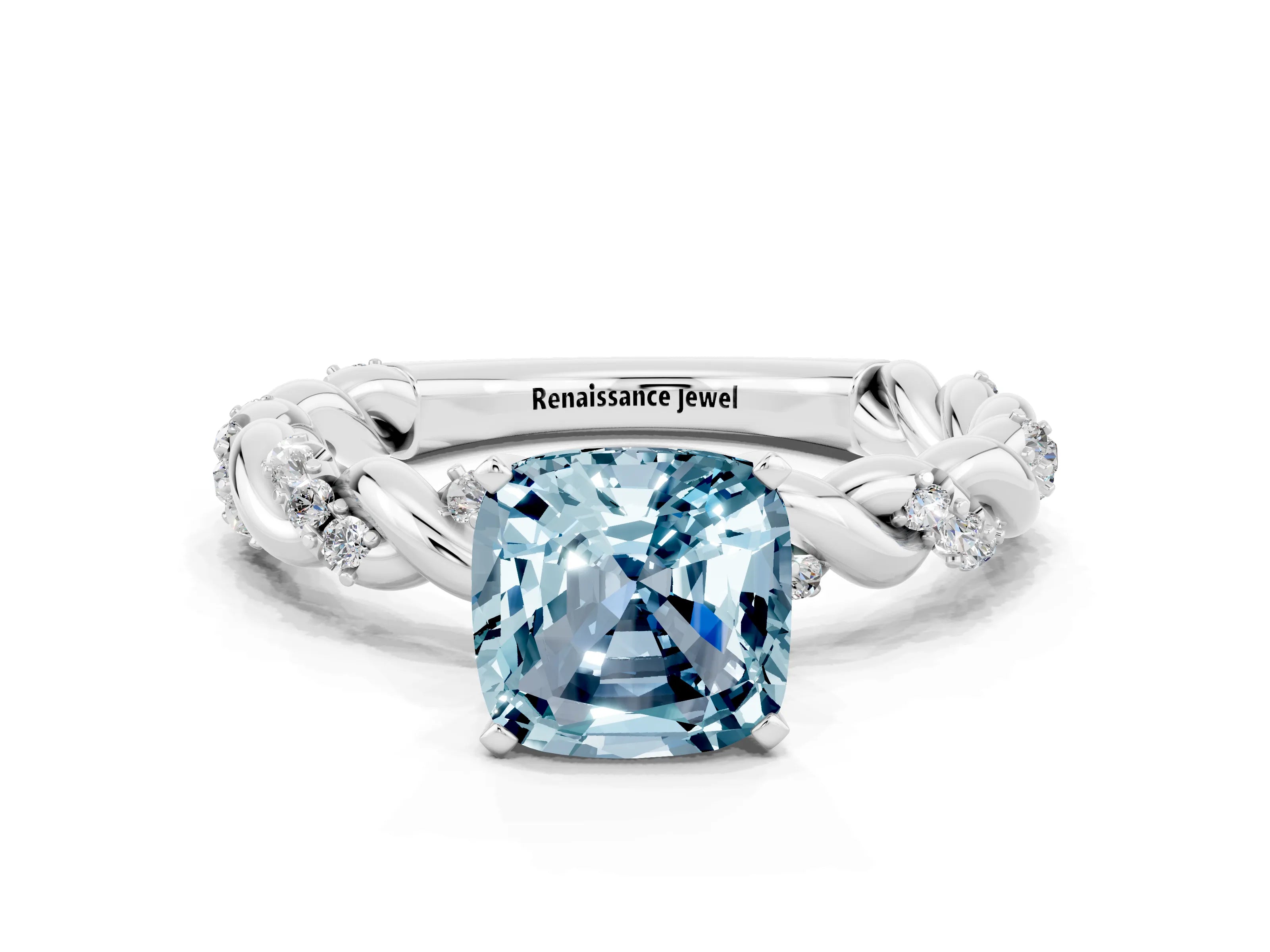 White gold Cushion Cut Aquamarine Solitaire Ring with Twisted Band and Pavé Accents
