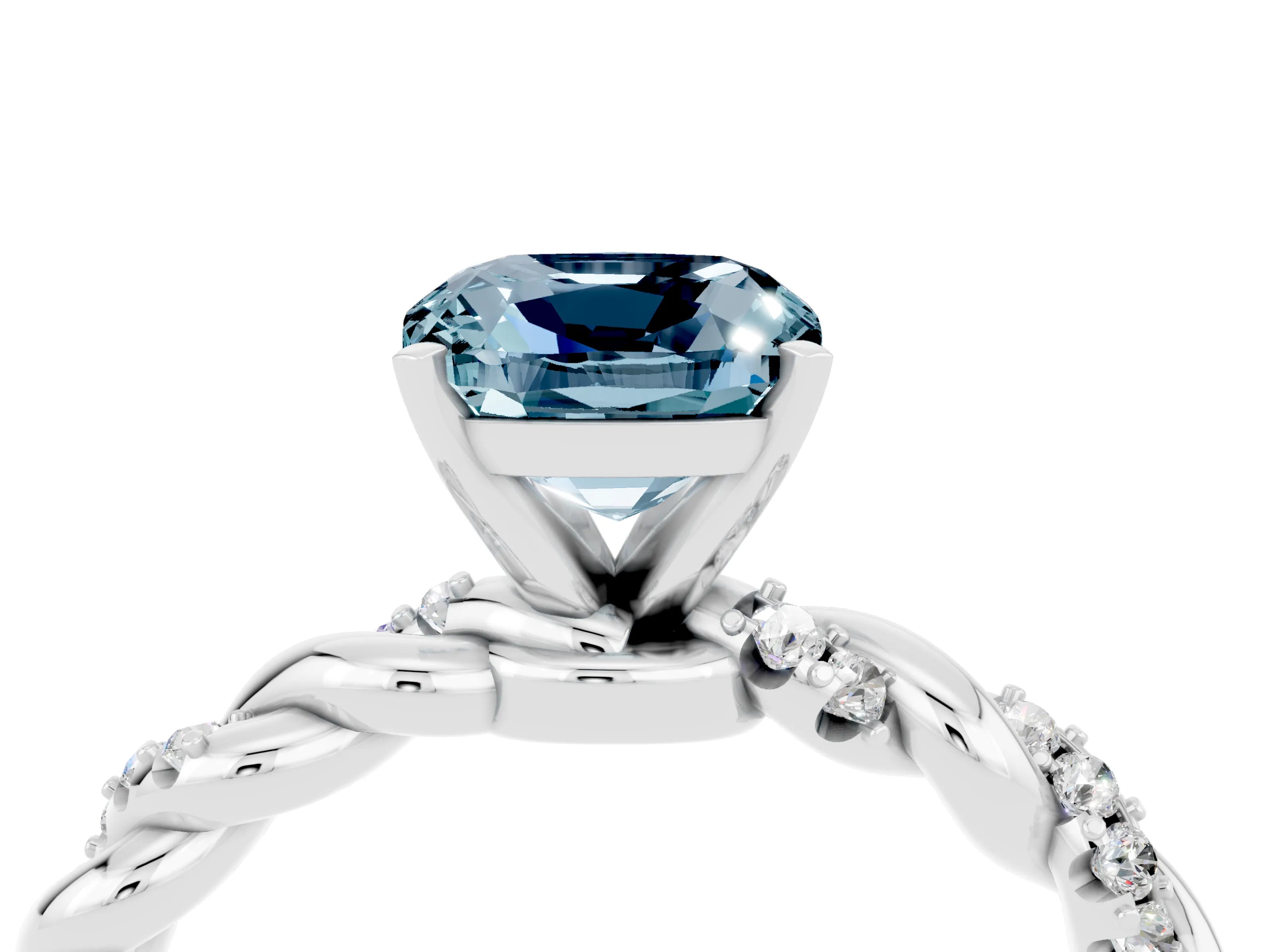 White gold Cushion Cut Aquamarine Solitaire Ring with Twisted Band and Pavé Accents_4