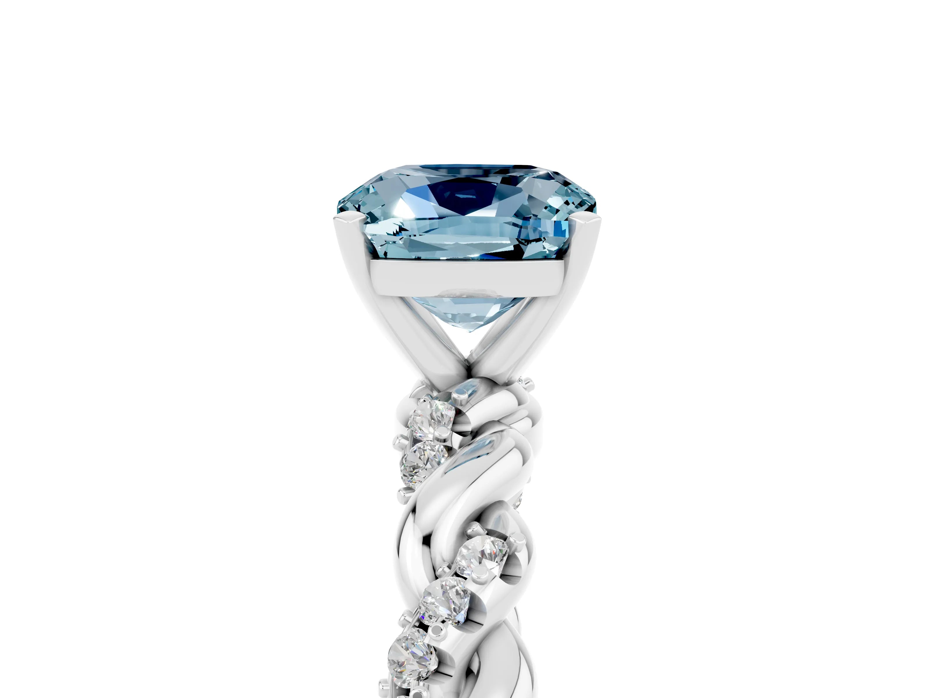 White gold Cushion Cut Aquamarine Solitaire Ring with Twisted Band and Pavé Accents_5