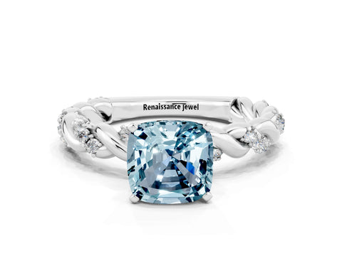 White gold Cushion Cut Aquamarine Solitaire Ring with Twisted Band and Pavé Accents