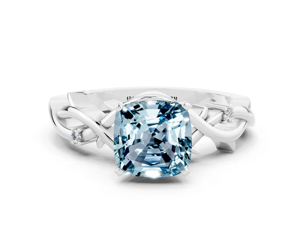 White gold Cushion Cut Aquamarine Solitaire Ring with Twisted Band and Prong Setting