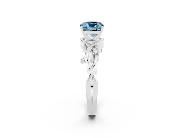 White gold Cushion Cut Aquamarine Solitaire Ring with Twisted Band and Prong Setting