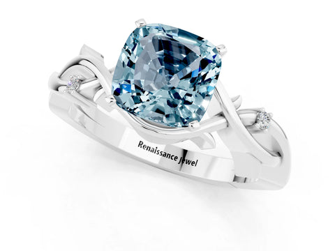 White gold Cushion Cut Aquamarine Solitaire Ring with Twisted Band and Prong Setting_1