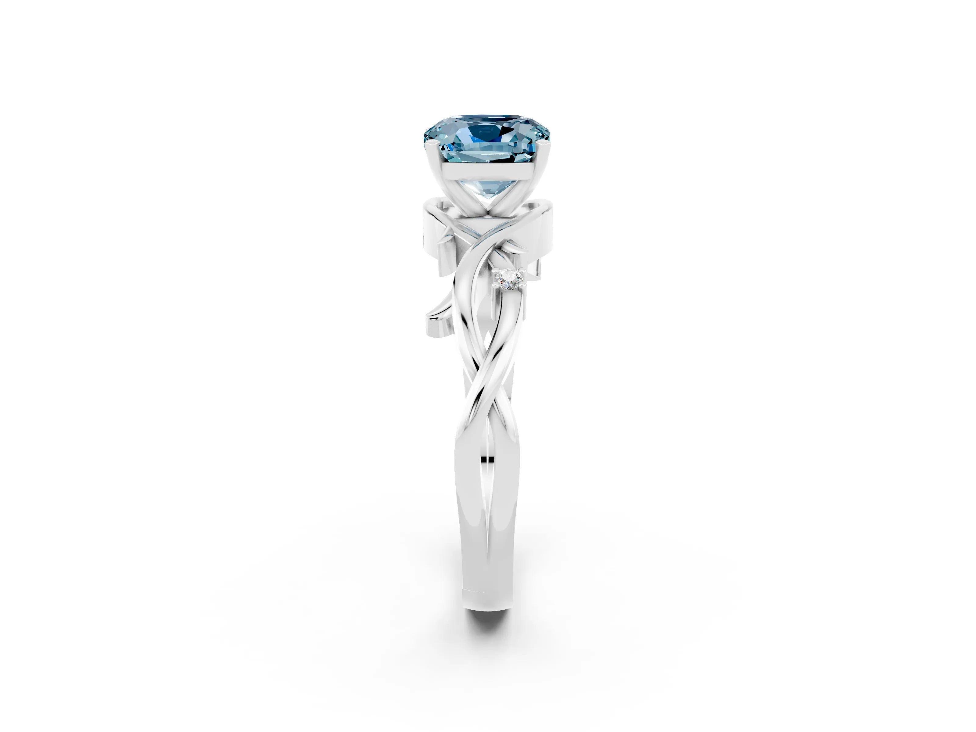 White gold Cushion Cut Aquamarine Solitaire Ring with Twisted Band and Prong Setting_2
