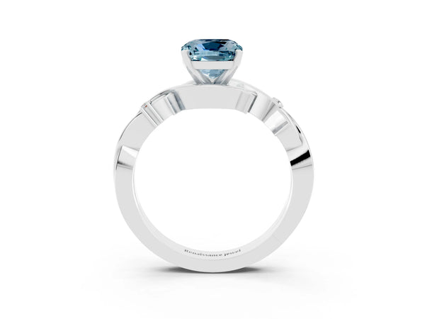 Silver Cushion Cut Aquamarine Solitaire Ring with Twisted Band and Prong Setting