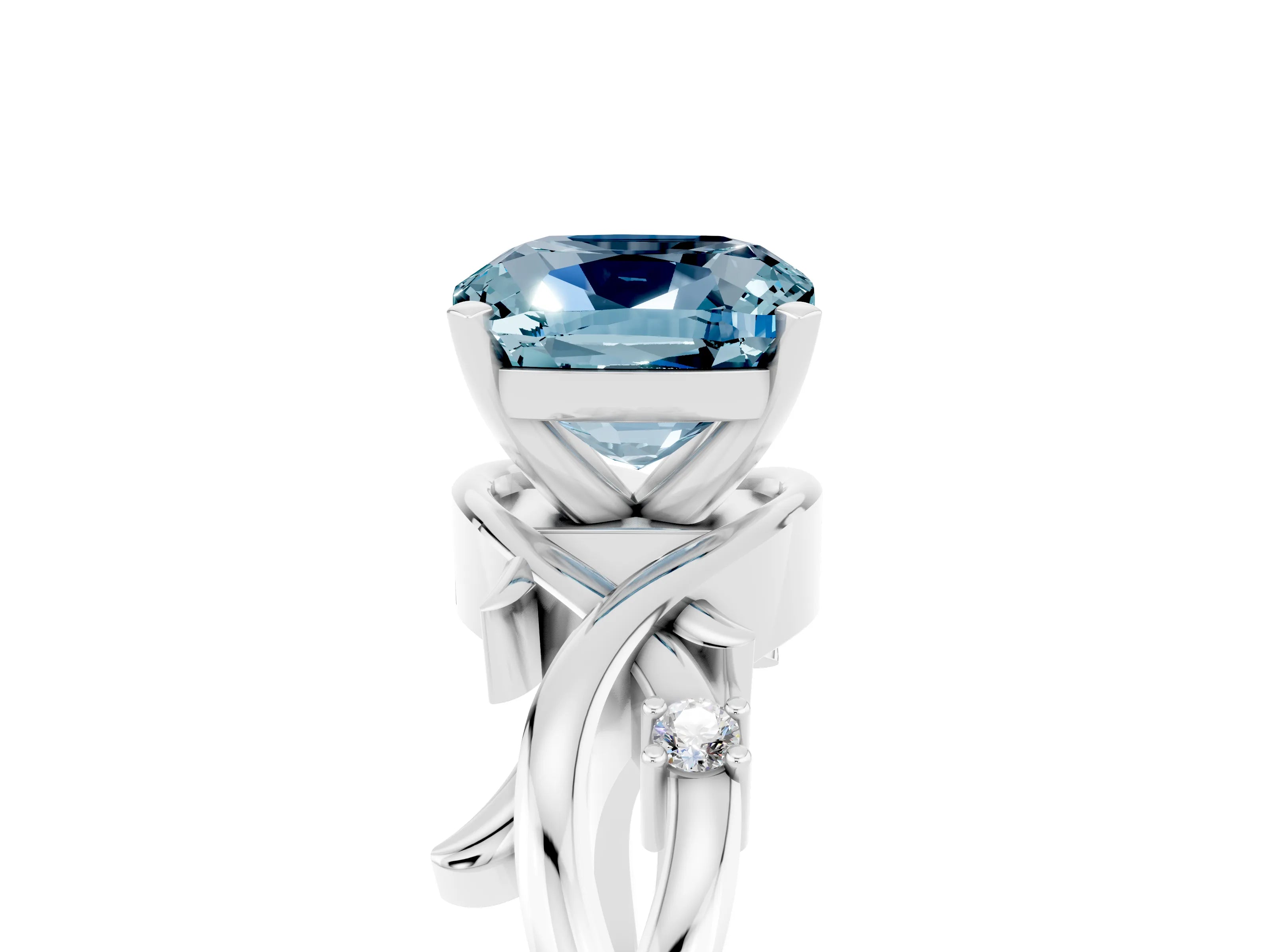 White gold Cushion Cut Aquamarine Solitaire Ring with Twisted Band and Prong Setting_5