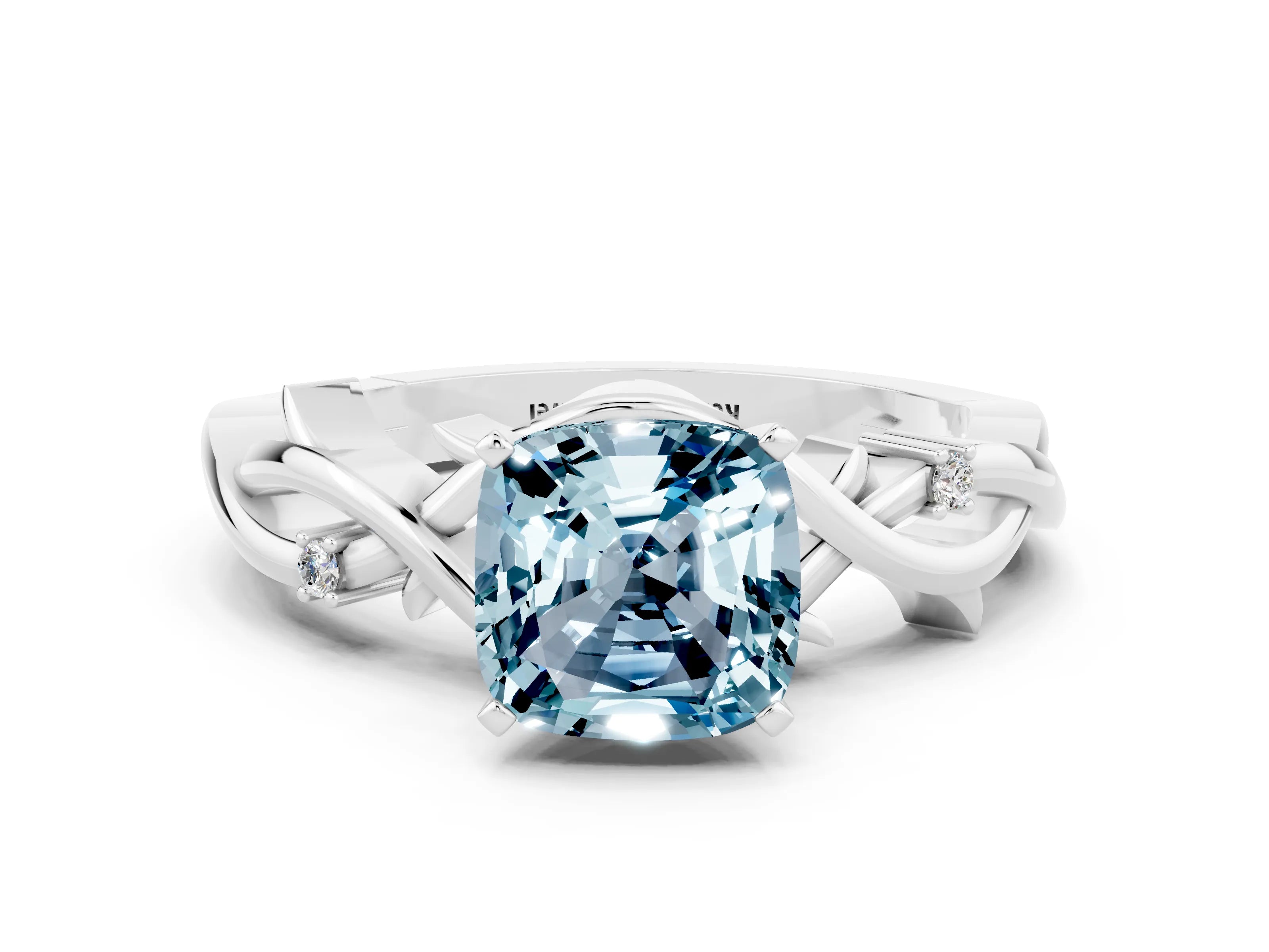 White gold Cushion Cut Aquamarine Solitaire Ring with Twisted Band and Prong Setting