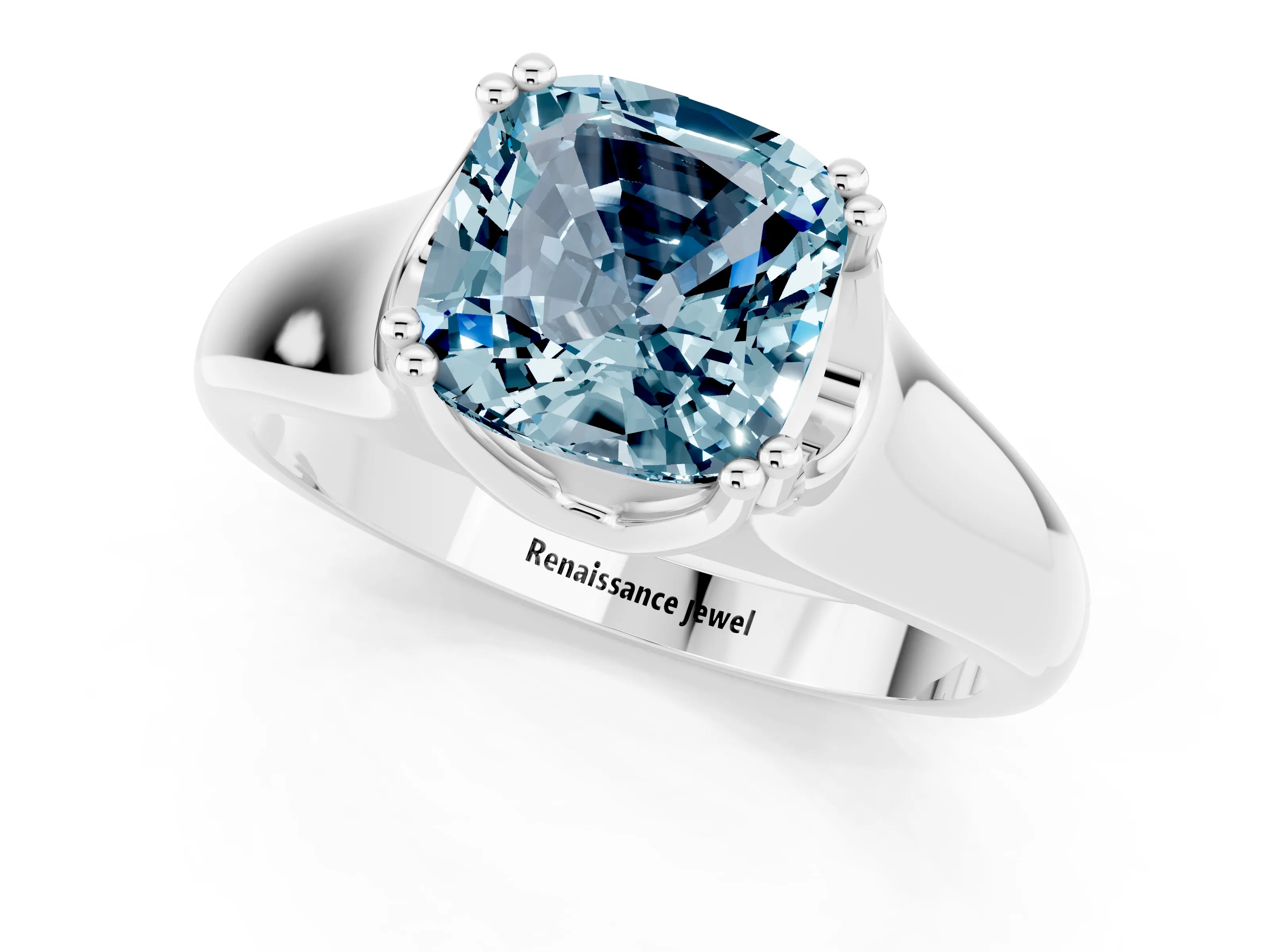 White gold Cushion Cut Aquamarine Solitaire Ring with Wide Band and Prong Setting_1