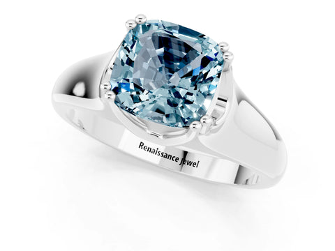 White gold Cushion Cut Aquamarine Solitaire Ring with Wide Band and Prong Setting_1
