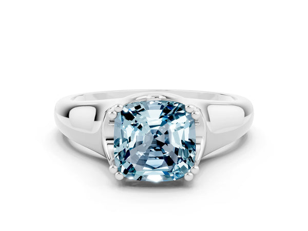 Silver Cushion Cut Aquamarine Solitaire Ring with Wide Band and Prong Setting