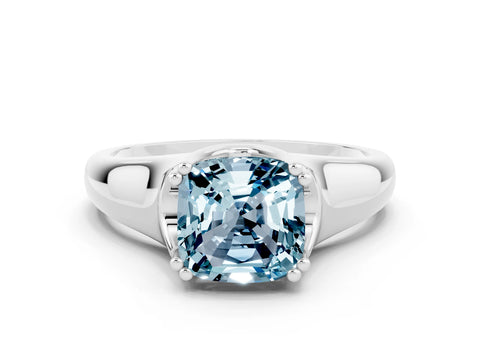 White gold Cushion Cut Aquamarine Solitaire Ring with Wide Band and Prong Setting
