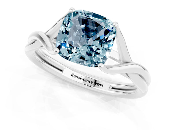 Silver Cushion Cut Aquamarine Solitaire Twist Band Prong Setting Ring