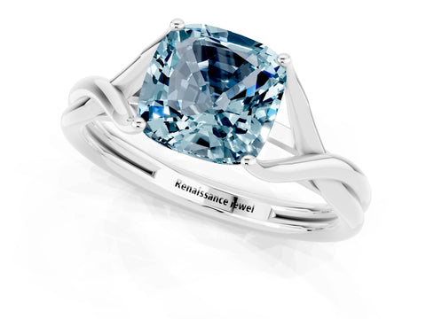 White gold Cushion Cut Aquamarine Solitaire Twist Band Prong Setting Ring_80