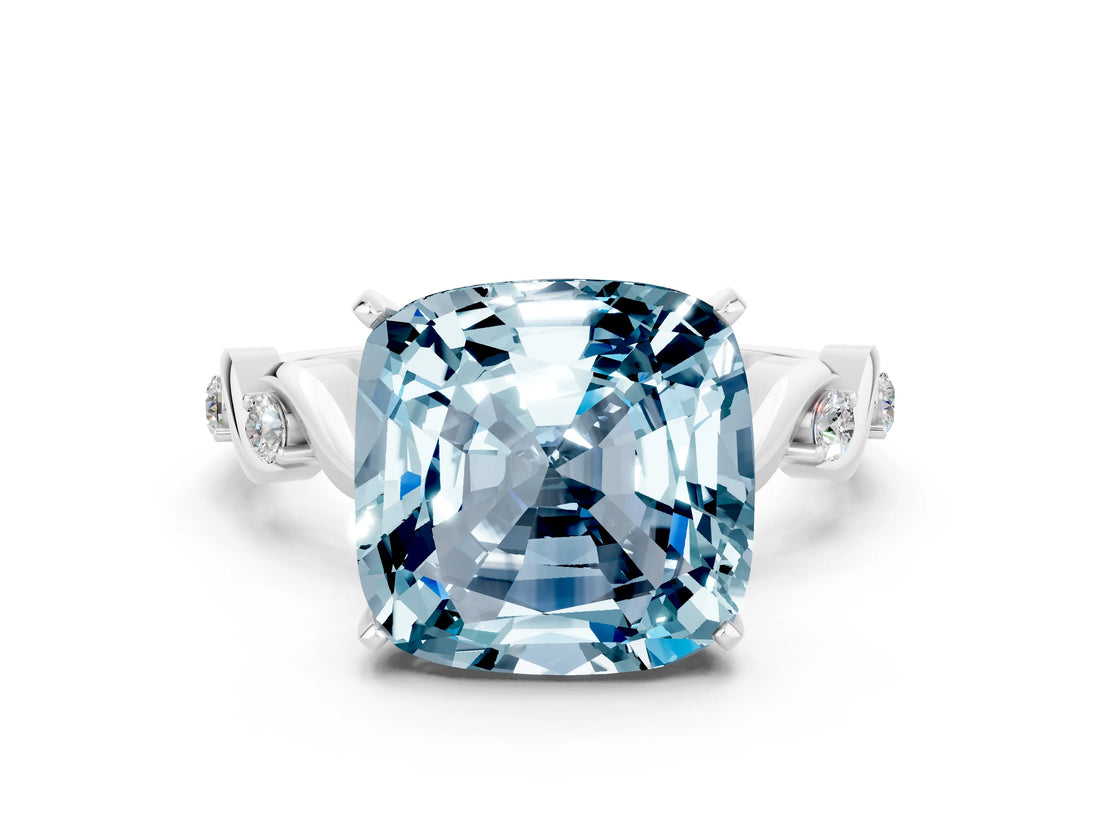 White gold Cushion Cut Aquamarine Solitaire Twisted Band with Round  Accents and Prong Setting_12