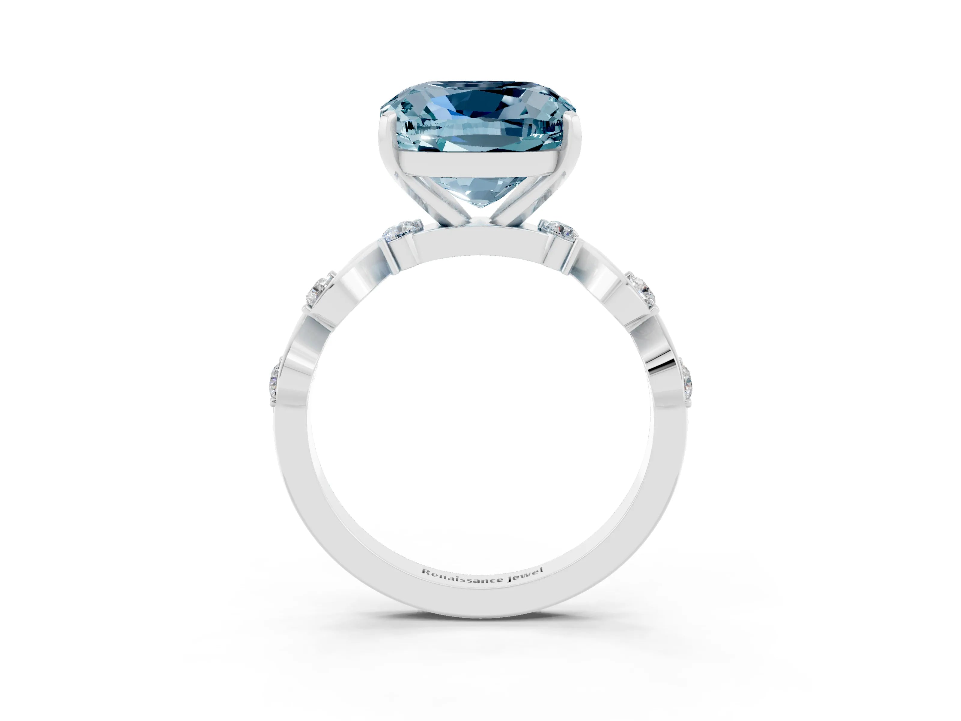 White gold Cushion Cut Aquamarine Solitaire Twisted Band with Round  Accents and Prong Setting_15