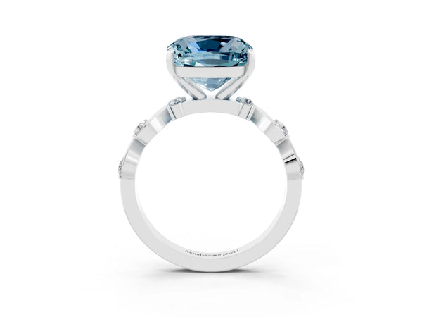 Silver Cushion Cut Aquamarine Solitaire Twisted Band with Round  Accents and Prong Setting