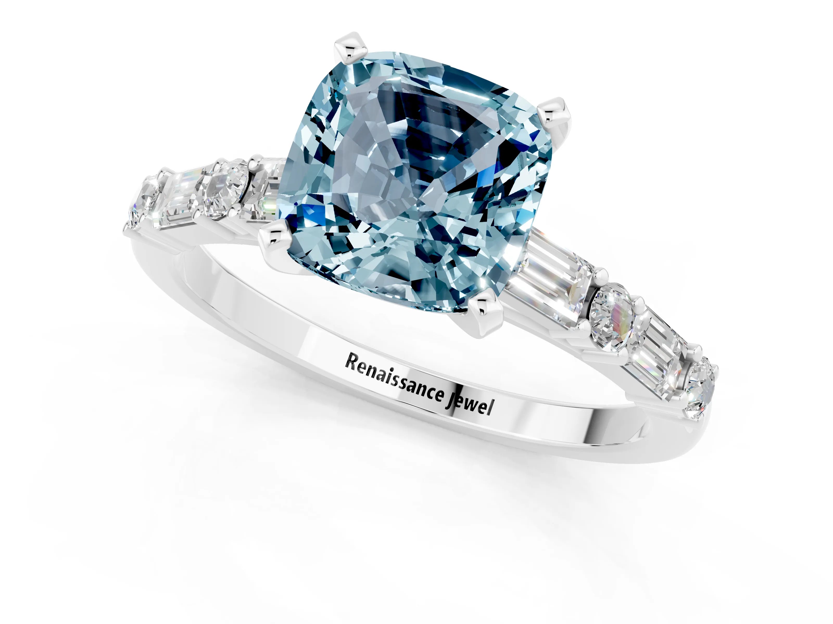 White gold Cushion Cut Aquamarine Solitaire with Side Baguettes and Channel Set Band_1