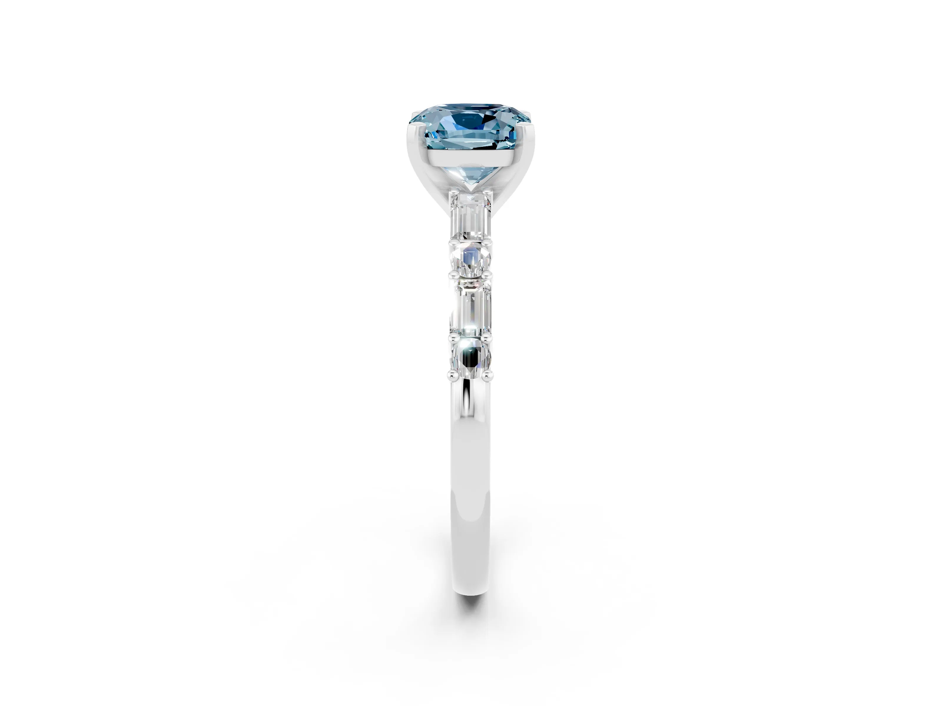 White gold Cushion Cut Aquamarine Solitaire with Side Baguettes and Channel Set Band_2