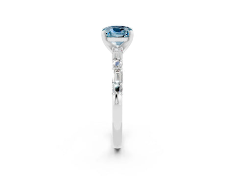 White gold Cushion Cut Aquamarine Solitaire with Side Baguettes and Channel Set Band_2