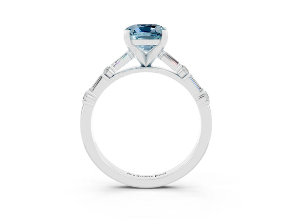 White gold Cushion Cut Aquamarine Solitaire with Side Baguettes and Channel Set Band