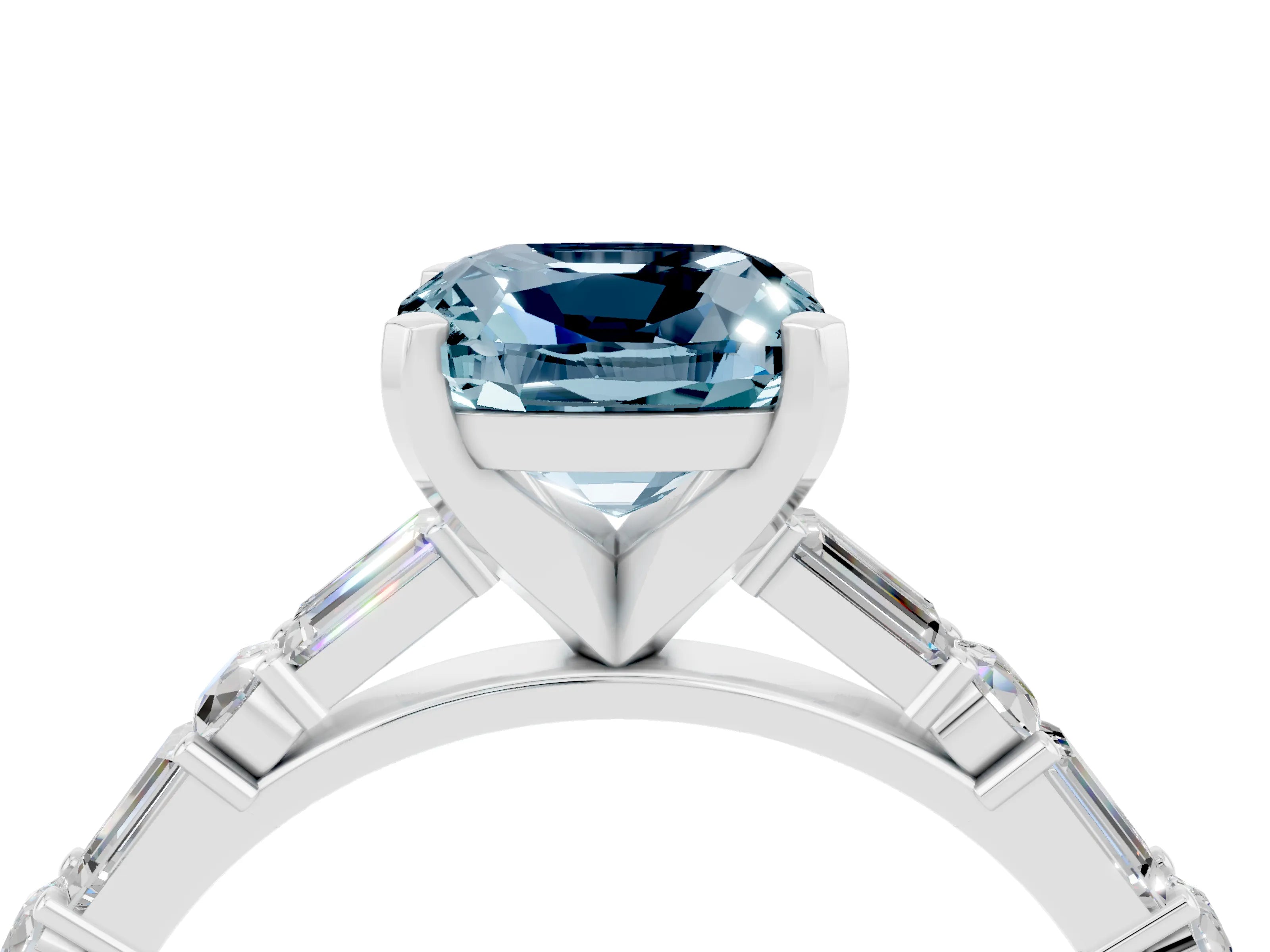 White gold Cushion Cut Aquamarine Solitaire with Side Baguettes and Channel Set Band_4