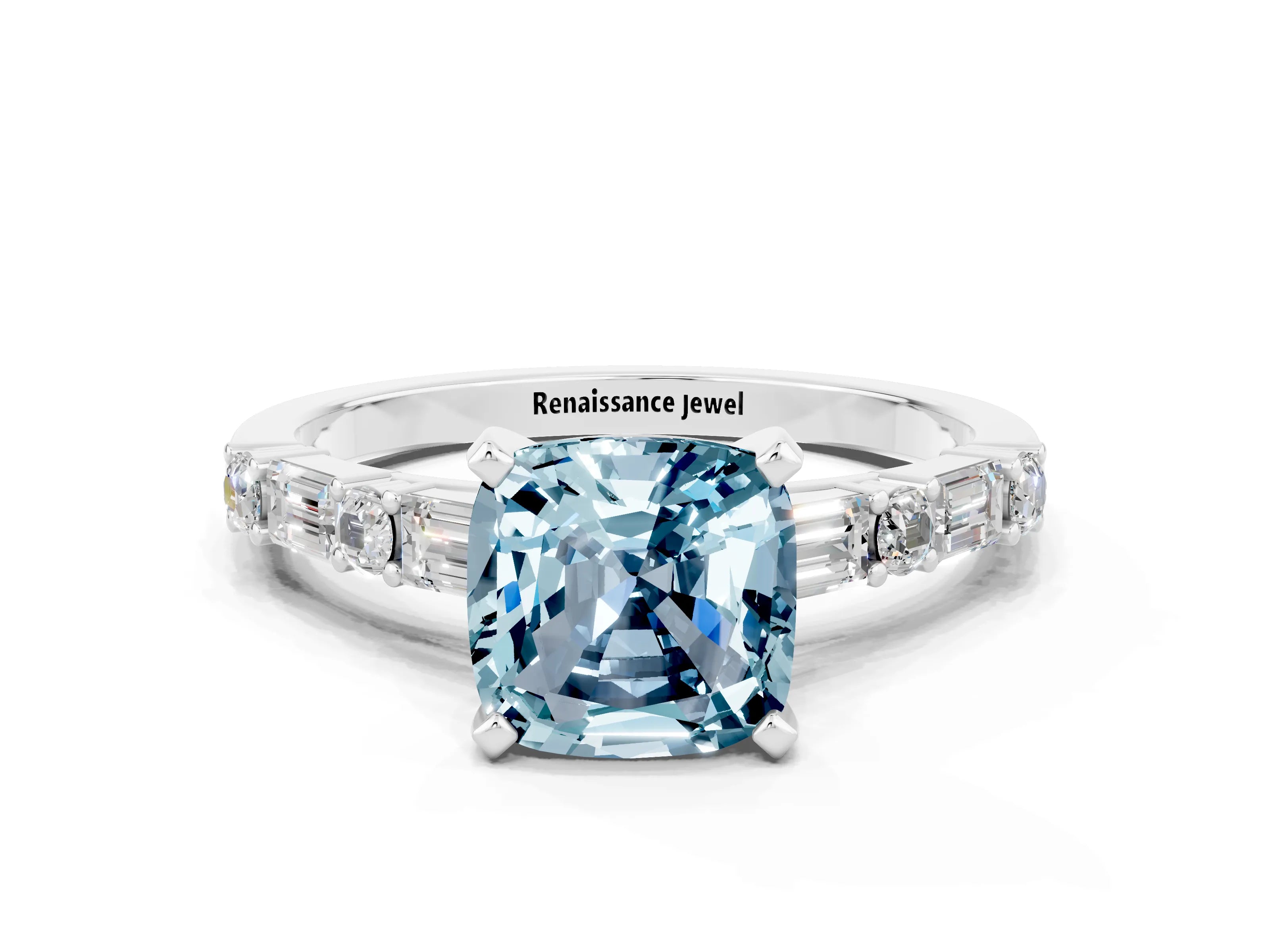 White gold Cushion Cut Aquamarine Solitaire with Side Baguettes and Channel Set Band