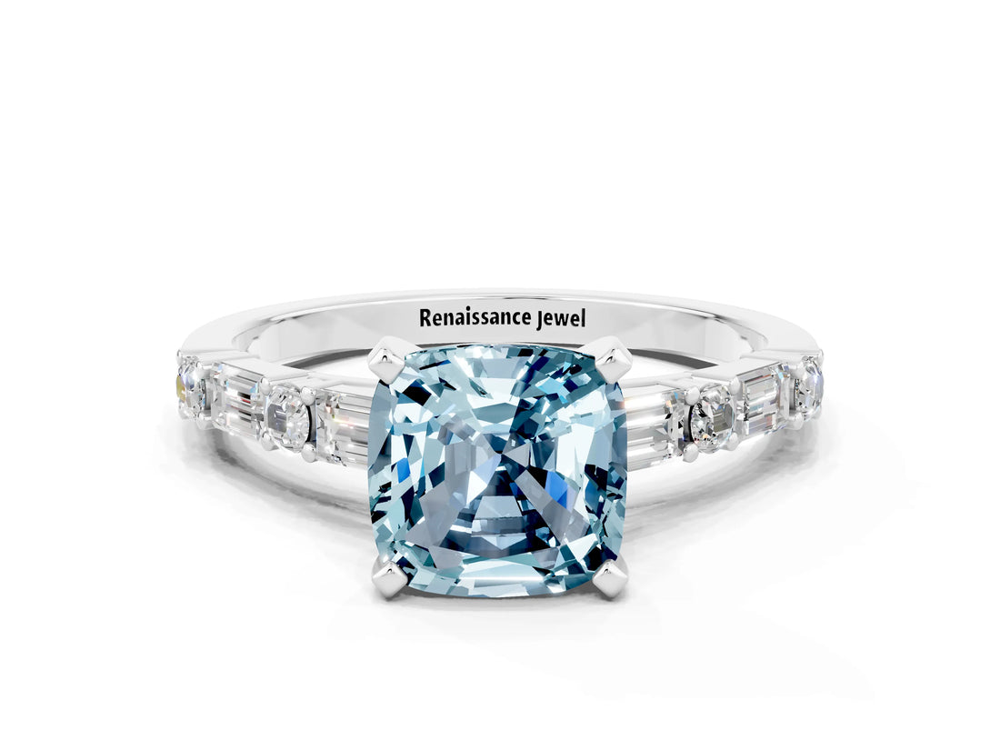 White gold Cushion Cut Aquamarine Solitaire with Side Baguettes and Channel Set Band