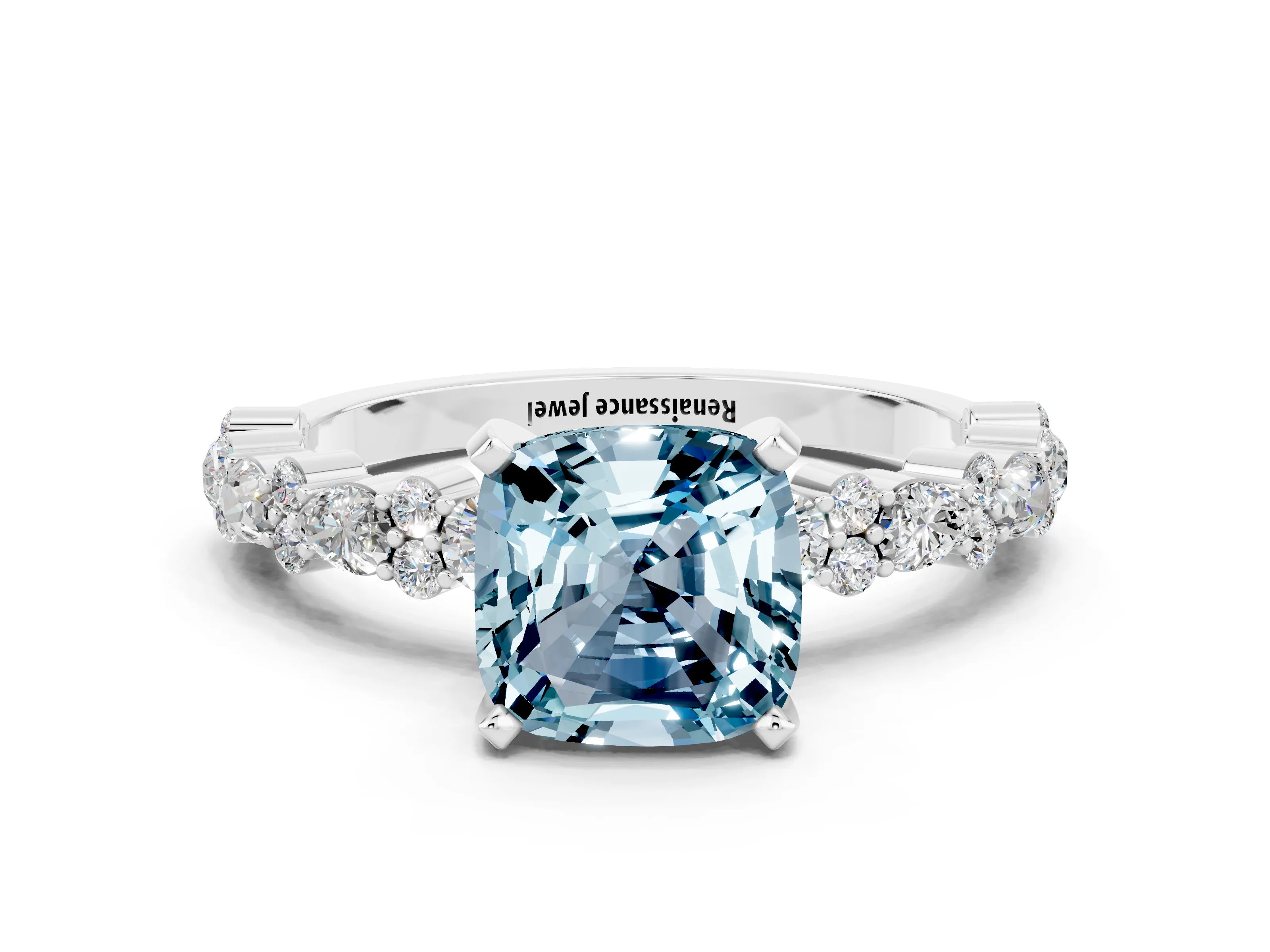White gold Cushion Cut Aquamarine Solitaire with Side Stones, Pave Band, Four-Prong Setting_12