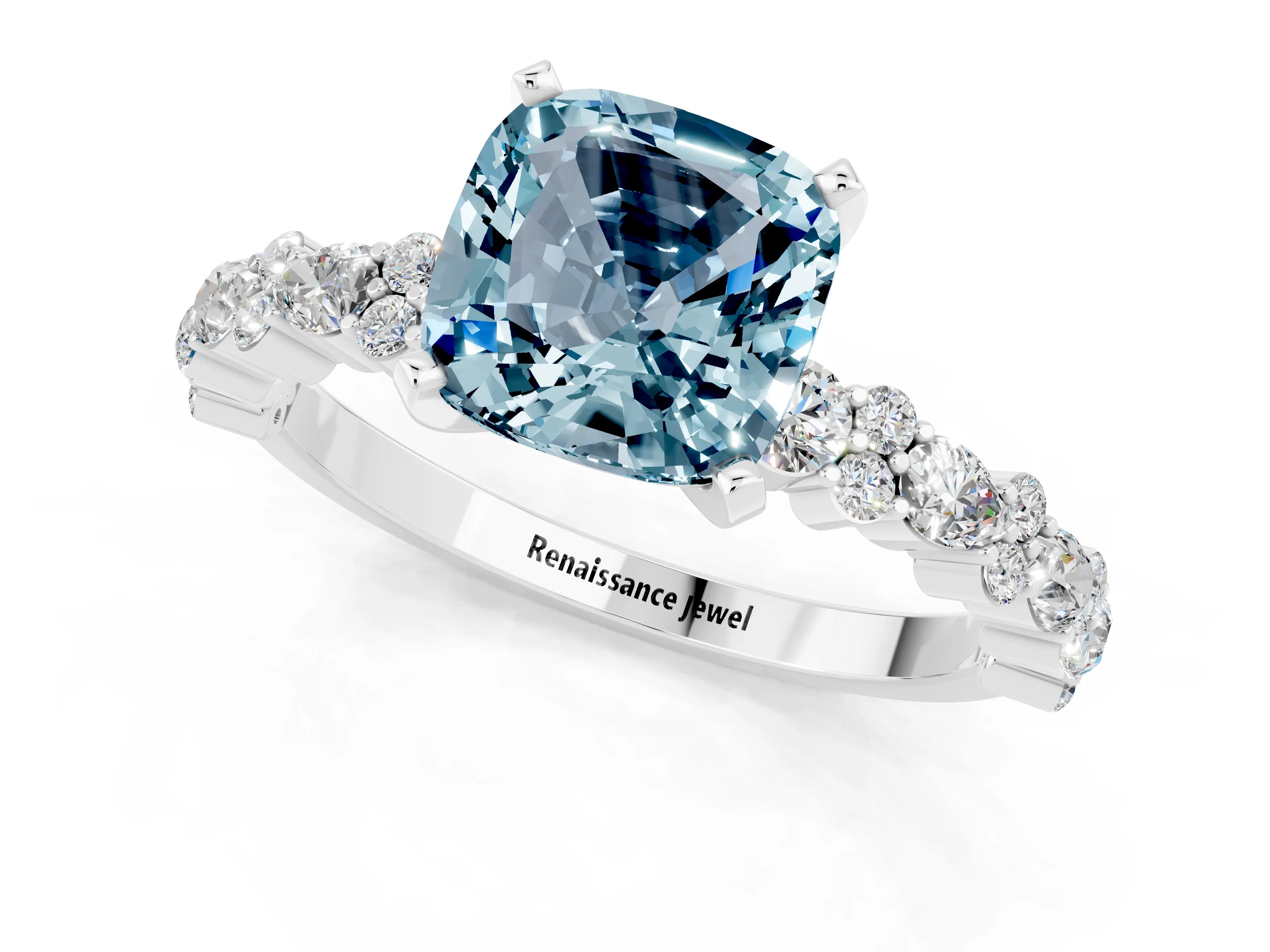 White gold Cushion Cut Aquamarine Solitaire with Side Stones, Pave Band, Four-Prong Setting_13