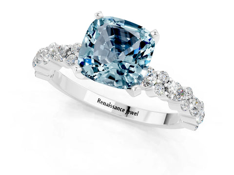 White gold Cushion Cut Aquamarine Solitaire with Side Stones, Pave Band, Four-Prong Setting_13